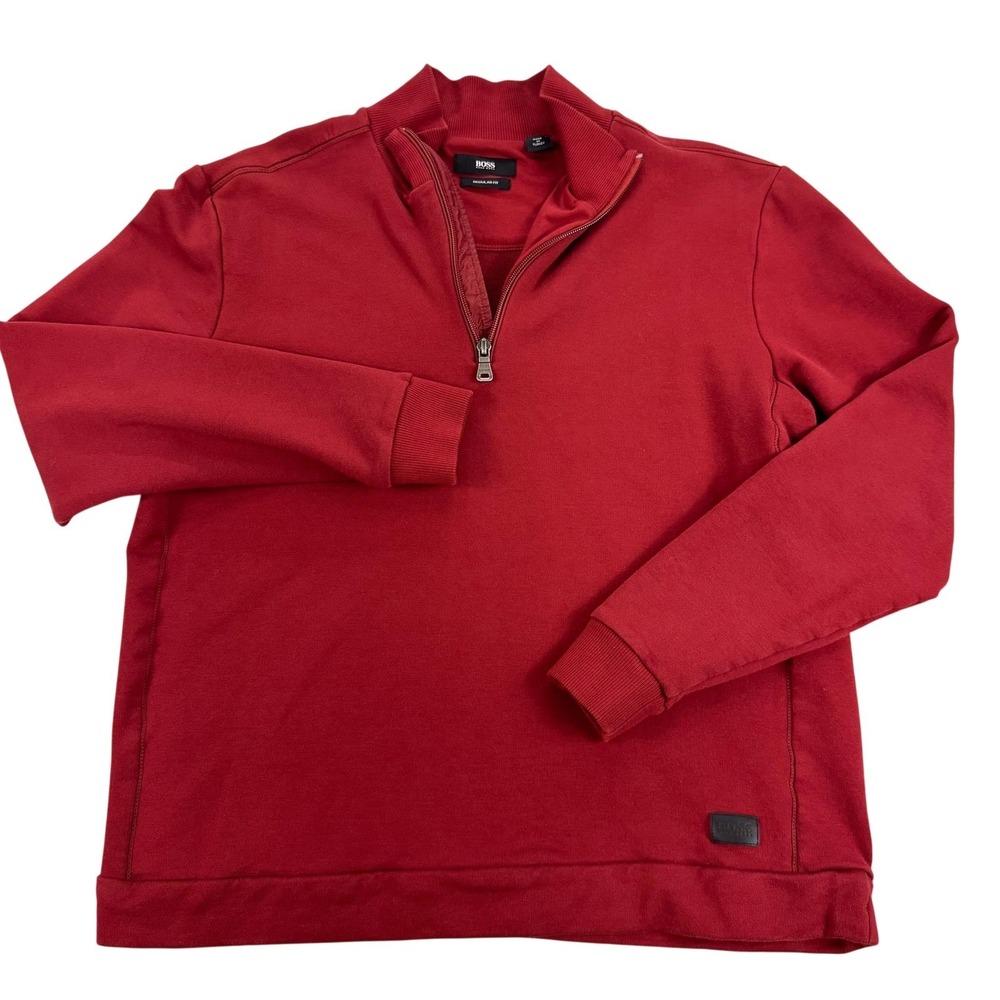 BOSS Hugo Boss Sweatshirt Mens Medium Red 1/4 Zip Mock Neck Pullover Jersey